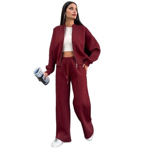 Conjunto de Traje de Dos Piezas para Mujer, Informal, de Otoño, en Color Sólido, Tejido de Poliéster/Spandex, con Chaqueta con Cremallera y Pantalones Rectos - Product Image 1