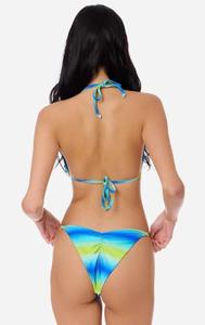 Costume da bagno bikini da donna <span class=keywords><strong>in</strong></span> tessuto riciclato personalizzato, con perline e lavorazione artigianale, modello halter con laccetti, due pezzi con effetto arricciato sui glutei e laccetti posteriori - Product Image 3