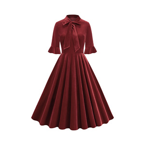<span class=keywords><strong>Abito</strong></span> <span class=keywords><strong>Midi</strong></span> Elegante da Donna in <span class=keywords><strong>Velluto</strong></span> con Collo Alto, Stile Impero, Vestibilità Svasata, Tinta Unita, Maniche con Volant, Stile Vintage Retrò, per Autunno - Product Image 4