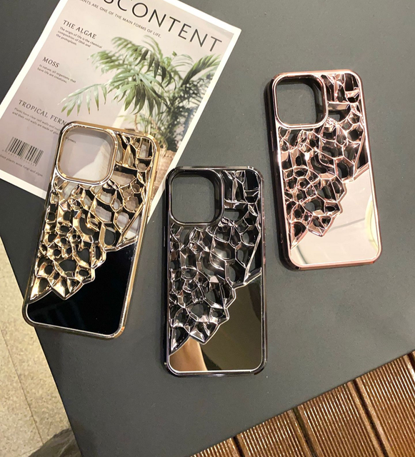 Fashion Mirror Electroplated Phone Case for iPhone 16 15 14 13 12 11 3D Hollow Out Cell Phone Cover for iPhone 16 Series