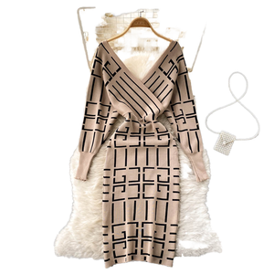 Robe midi en tricot slim <span class=keywords><strong>style</strong></span> américain pour femmes, robes à imprimé géométrique en dentelle, robes élégantes pour femmes, vêtements pour femmes - Product Image 1