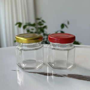 Commercio all'ingrosso largo largo bocca piccolo vetro esagonale bottiglia di miele metallo stagno di vetro caviale nero vaso da Dessert - Product Image 2