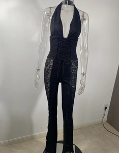 <span class=keywords><strong>Tuta</strong></span> <span class=keywords><strong>Aderente</strong></span> Sexy da <span class=keywords><strong>Donna</strong></span> con Collo all'Americana, Schiena Scoperta, in Pizzo Nero, Casual e Alla Moda - Product Image 3