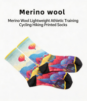 Chaussettes de sport mi-mollet en 70 % laine mérinos à imprimé numérique, antibactériennes, évacuant l'humidité, pour la randonnée, le cyclisme et l'entraînement, avec bout sans couture