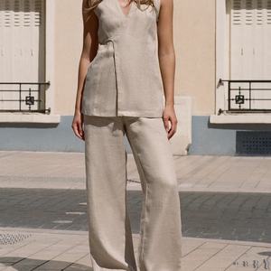 ชุดเซ็ต 2 ชิ้น แฟชั่นใหม่สำหรับผู้หญิง ผ้าลินินซาตินลายแจ็คการ์ด เสื้อแขนกุดและกางเกงขายาวทรงกว้าง ลายเรียบ สไตล์ลำลอง - Product Image 3