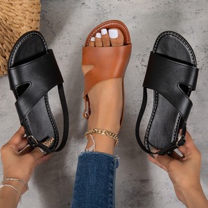 Sandales plates à bout ouvert pour femmes, découpées, à bride unique avec boucle à la cheville, grandes tailles, décontractées, pour la plage - Product Image 1