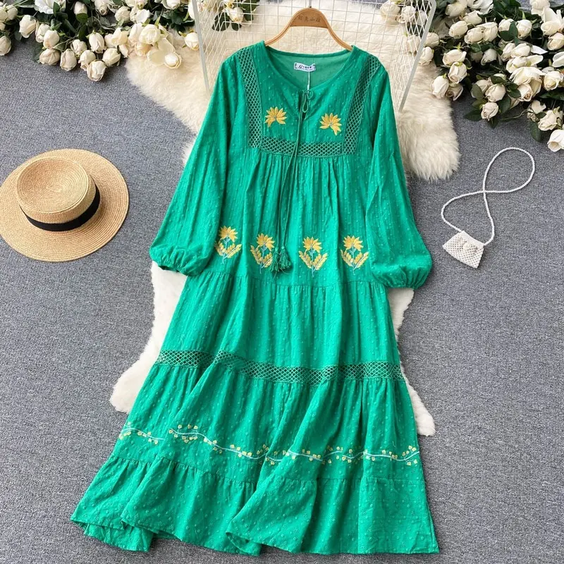 2023 Embroidery Floral Cotton Dress Long Sleeve Loose Boho Maxi Dress Female O Neck Women Vintage Embroidered Casual Dresses