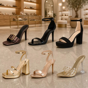 Sandales d'été à talon haut pour femme, en cuir véritable, à bout carré, avec bride cheville, talon bloc et talon aiguille, style habillé, vente en gros de Chine - Product Image 1