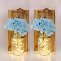 Lampu Dinding Rustic Mason Jar dengan Lampu LED Fairy, Vas Gantung Kayu Gaya Farmhouse dengan Bunga Buatan, Dekorasi Dinding untuk Rumah