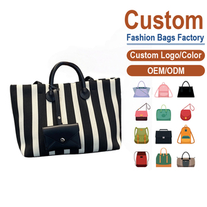 กระเป๋าผ้าแคนวาสลายทางสั่งทำจากโรงงานสำหรับผู้หญิง ความจุขนาดใหญ่ ดีไซน์คลาสสิกสีดำและสีขาว - Product Image 1