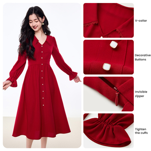 Váy voan nữ màu đỏ Midi giản dị năm mới với vòng eo tự nhiên dệt logo phía trước - Product Image 2