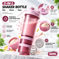 Bouteille shaker protéiné 3 couches 500 ml avec compartiment de rangement pour pilules et poudre, boule mélangeuse, pour fitness et gym, vente en gros