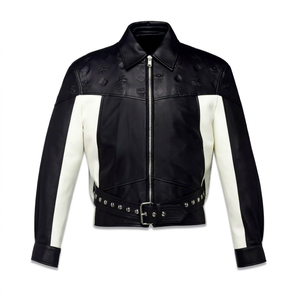 Men's Black <b>White</b> Color Block <b>Leather</b> Breathable Windproof Moto Jacket Embossed Logo Belted Zipper Closure Stand Collar Slim Fit - Product Image 1