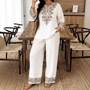 Conjunto de Traje Floral Bordado para Mujer, Manga Larga, Pantalones Anchos, Estilo Casual Artístico Retro, Tallas SMLXLXXL, Oriente Medio, Europa, América - Product Image 1