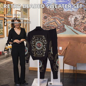 Women's Casual Sport Sweater <b>Set</b> Vintage 2-Piece Outfit with Retro Embroidery <b>Beaded</b> Knitted Pants - Product Image 3
