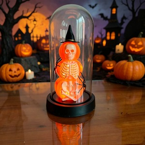 Modern Halloween <b>Pumpkin</b> Lantern Ornament with <b>Skeleton</b> Figure Warm Light Tabletop Decor for Holiday Party Gift Supplies - Product Image 4