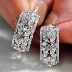 E1133 White Gold <b>Hoop</b> <b>Earrings</b> Marquise Cut Diamond Flower Design Claw Setting Women's Luxury <b>Fine</b> Jewelry - Product Image 4