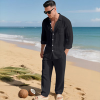 Ensemble décontracté de plage en lin pour homme : chemise ample à revers et pantalon long – Respirant, doux, confortable, tenue de loisirs polyvalente
