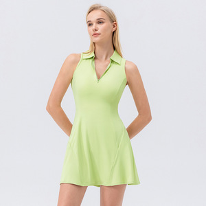 Vente chaude femmes mode revers col demi fermeture éclair Fitness exercice Tennis jupes en plein air Tennis Fitness séchage rapide Yoga robe - Product Image 4
