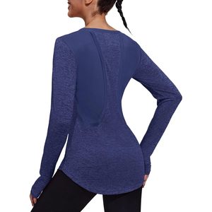 FOXA Women's Long Sleeve Yoga <b>Top</b> Breathable Mesh Back Scoop Neck Athletic Workout Shirt with Thumbholes Loose Fit - Product Image 1