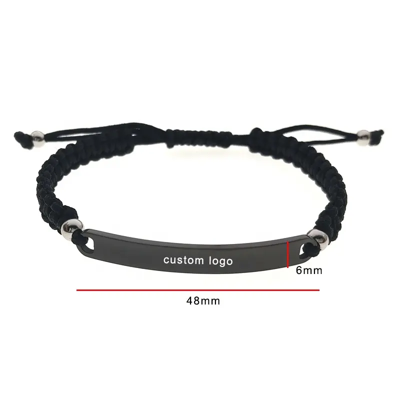Custom Personalized Stainless Steel black silver Bar black String Braided Woven Engraved Adjustable Handmade Rope Bracelet