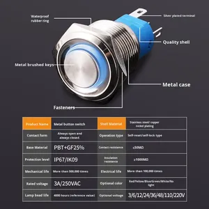 19mm kim loại đẩy nút chuyển đổi 3A IP67 250V LED tự khóa tự đặt lại không thấm nước Tròn Nút nguồn cho xe ô tô mới - Product Image 5