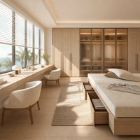 Lit plateforme tatami intégré de style californien moderne avec armoire en verre et bureau flottant long pour une pièce ensoleillée