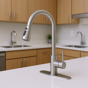 Robinet de cuisine moderne DB à poignée unique, douchette extractible de 8 à 9,9 pouces, finition plaquée, montage sur plan, en alliage de zinc - Product Image 2