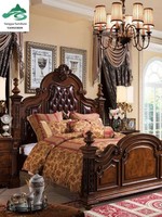 Lit double de style américain rétro en bois massif sculpté, en cuir véritable, design antique de luxe, meubles pour la chambre à coucher