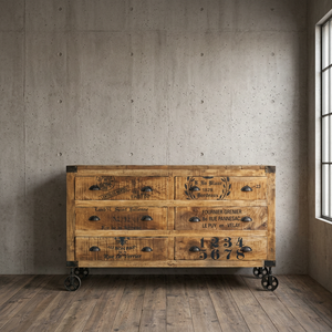 Industrial & Vintage Solid Wood Eco-Friendly Antique Multi Drawers Living Room <b>Cabinet</b> with Wheels - Product Image 2
