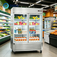 Vitrine réfrigérée verticale en verre avec cadre en acier inoxydable pour l'affichage clair des produits frais pour café, charcuterie, magasin de détail