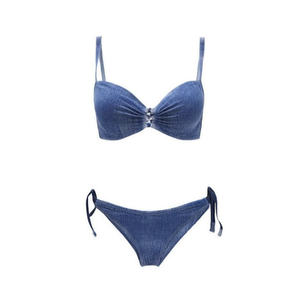 Set bikini Hdj in stile denim con reggiseno push-up e slip con lacci laterali per costumi da bagno da donna, set da 2 pezzi - Product Image 1
