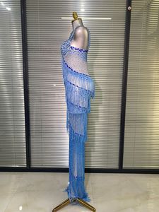 S3432N 2026 Nuovo Abito <span class=keywords><strong>da</strong></span> <span class=keywords><strong>Sera</strong></span> Lungo Blu con Gonna Ampia, Vita Bassa, Romantico, Scintillante con Strass e Frange, Trasparente e Sexy - Product Image 4