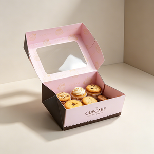 Boîte à cupcakes, macarons et pâtisseries en carton gaufré à chaud avec logo personnalisé de luxe, pliable, avec fermeture à rabat, dorée, pour mariage, fête ou cadeau - Product Image 1