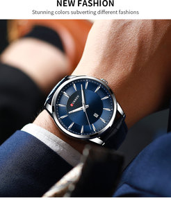 Reloj de cuarzo para hombre, caja plateada, esfera <span class=keywords><strong>azul</strong></span>, indicadores, ventana de fecha, correa de cuero, informal de negocios - Product Image 3