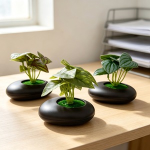 Plante verte artificielle Bonsaï miniature en pot avec pot pour décoration de table, 8 feuilles, matière en caoutchouc souple - Product Image 2