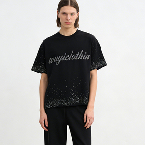 Men's Unisex <b>Y2K</b> Rhinestone T-<b>Shirt</b> Boxy Oversized Drop Shoulder Washed Cotton Streetwear Custom Logo OEM Manufacturer Wholesale - Product Image 1
