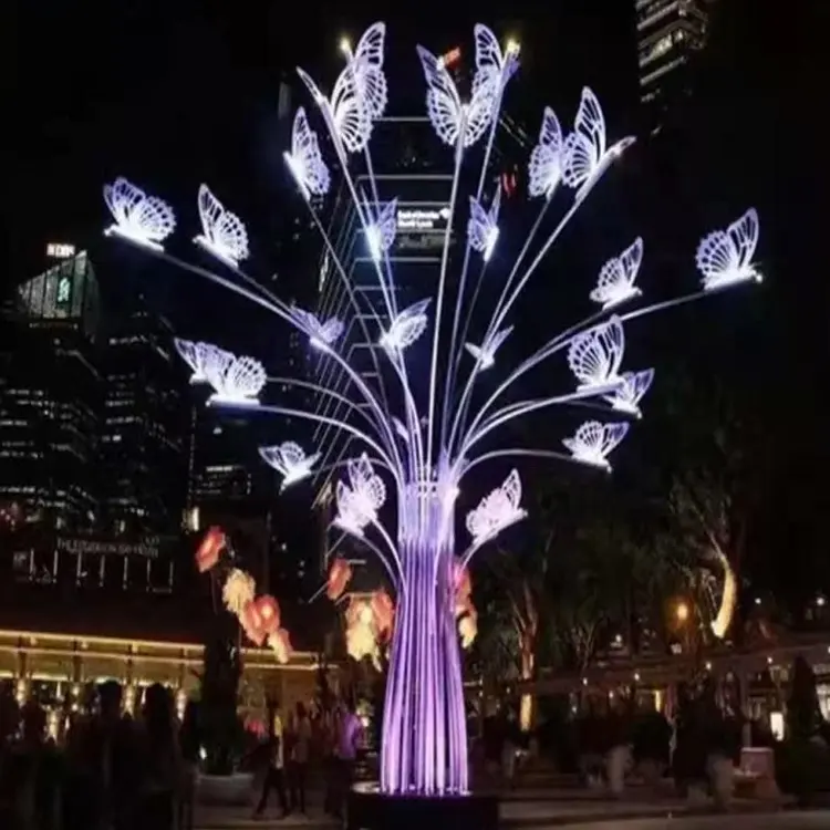 Árbol de Navidad púrpura con adornos de mariposa para centro comercial, iluminación LED, parque temático cuadrado