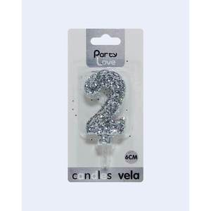 Vela con Número 2 Plateada con Purpurina para Fiestas, 6 cm, Decoración para Pastel de Cumpleaños - Product Image 2