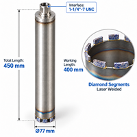 Foret diamanté monobloc Tengrui 77 mm, 1-1/4"-7 UNC, longueur totale 450 mm, pour forage humide du béton et du béton armé