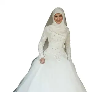 白色面纱伊斯兰穆斯林婚纱长袖高领绣花连衣裙