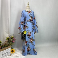 Robe Abaya pour femmes musulmanes à prix réduit, trois couches, manches à volants, imprimé fleurs colorées, fermeture éclair au dos, 9071 #