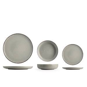 Service de table en céramique minimaliste en porcelaine perlée et céladon, 12 pièces, assiettes grises, passe au lave-vaisselle, plats ronds - Product Image 1