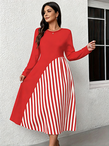 SWEET BABE ชุดเดรสแขนยาวสีแดงและสีขาวสำหรับผู้หญิง ดีไซน์เข้ารูปช่วงเอว - ชุดเดรสทรงเอสุดเก๋สำหรับทุกโอกาส - Product Image 2