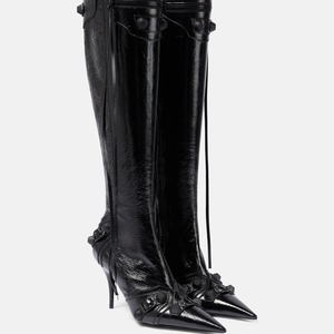 Stivali Alti al Ginocchio di Lusso in Pelle Nera <span class=keywords><strong>con</strong></span> <span class=keywords><strong>Tacco</strong></span> Alto, Borchie e Punta, Personalizzati di Fabbrica per Donna, <span class=keywords><strong>con</strong></span> Zip Laterale e Lacci - Product Image 1