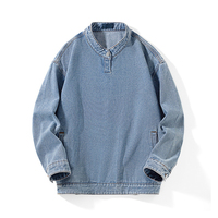 Pull-over décontracté pour homme en denim délavé style vintage avec col montant, inspiré du hip-hop, en coton