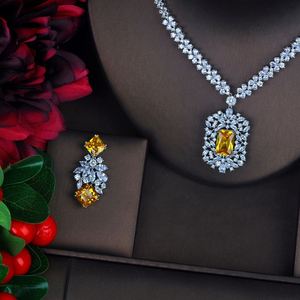 HIBRIDE goutte d'eau jaune ensemble de bijoux pour femmes mariage cubique Zircon fiançailles boucle d'oreille et collier ensemble Parure Bijoux N-1076 - Product Image 3