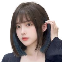 Perruque Courte Femme Marron Froid Bleu Brumeux Naturel Cheveux Synthétiques Pleine Tête Fibre Haute Température 400g Faite à la Machine Tendance