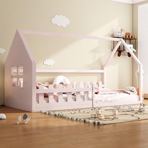 Cama de Casa de princesa, cama individual rosa para Niñas para guardería con barrera y cabeza, diseño único, marco de cama moderno de madera para niños - Product Image 3