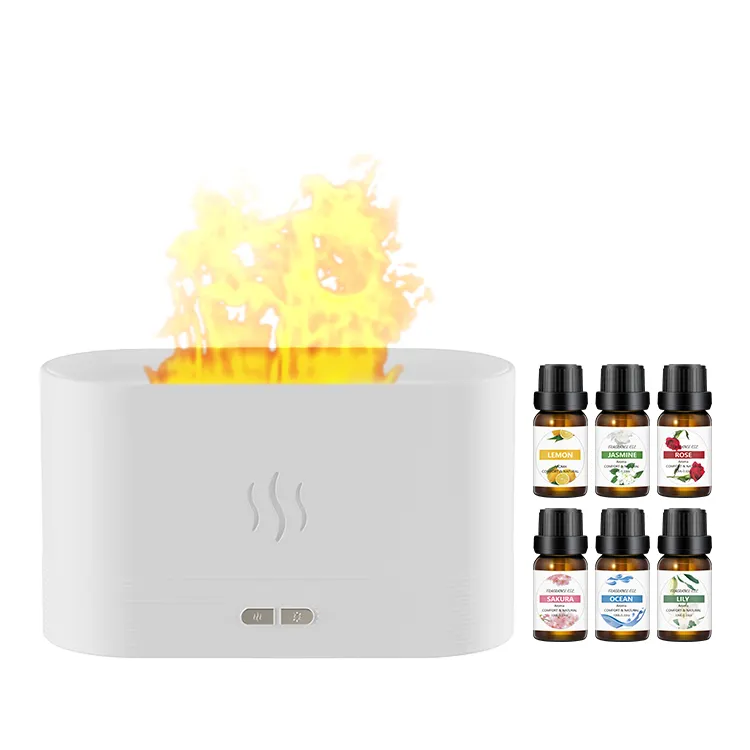 Kinscoter Portable LED light Flame Humidifier Air 180ml Natural Essential Oil Rose Lemon Aroma Diffuser Set